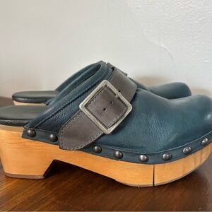 Free People Blue Leather Clogs with Buckle